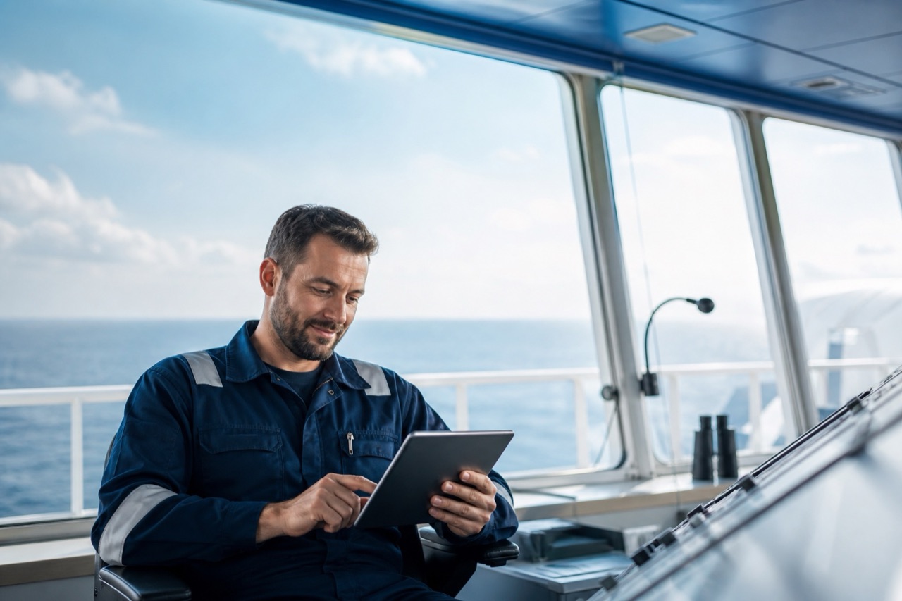 Maritime crew officer completing digital training aboard a vessel